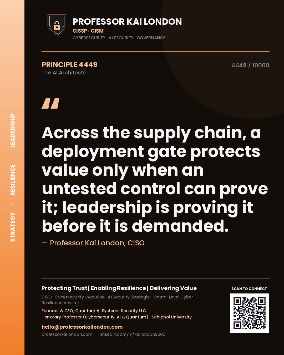 Professor Kai London principle 4449: Across the supply chain, a deployment gate protects value only when an untested control can prove it; leadership is proving it before it is demanded.