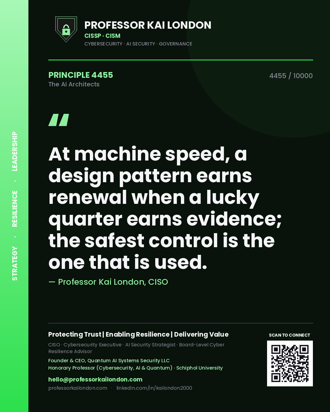 Professor Kai London principle 4455: At machine speed, a design pattern earns renewal when a lucky quarter earns evidence; the safest control is the one that is used.