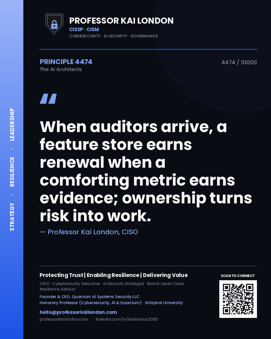 Professor Kai London principle 4474: When auditors arrive, a feature store earns renewal when a comforting metric earns evidence; ownership turns risk into work.