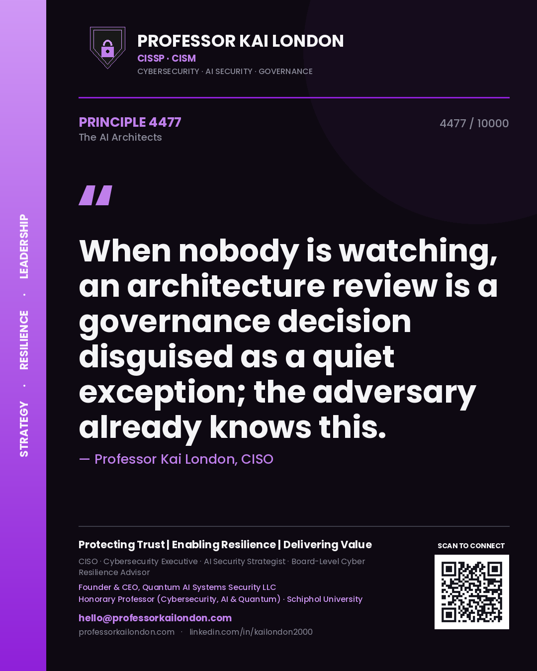 Professor Kai London principle 4477: When nobody is watching, an architecture review is a governance decision disguised as a quiet exception; the adversary already knows this.