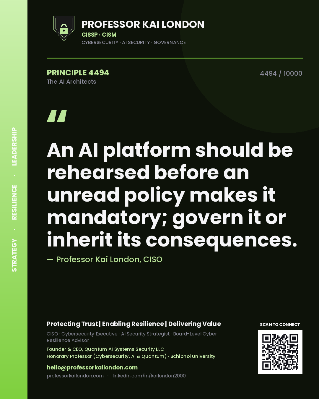 Professor Kai London principle 4494: An AI platform should be rehearsed before an unread policy makes it mandatory; govern it or inherit its consequences.