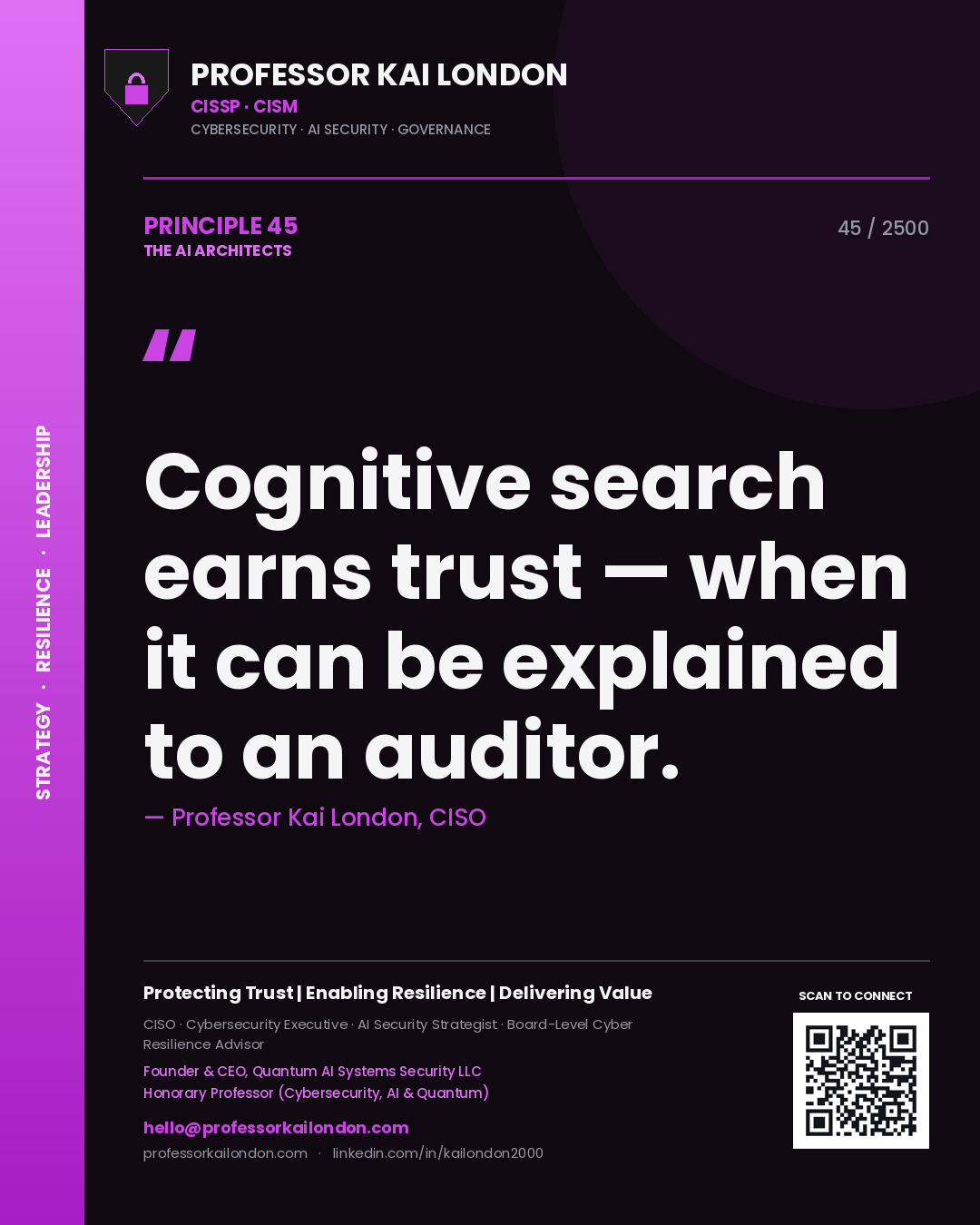 Professor Kai London principle 45: Cognitive search earns trust — when it can be explained to an auditor.