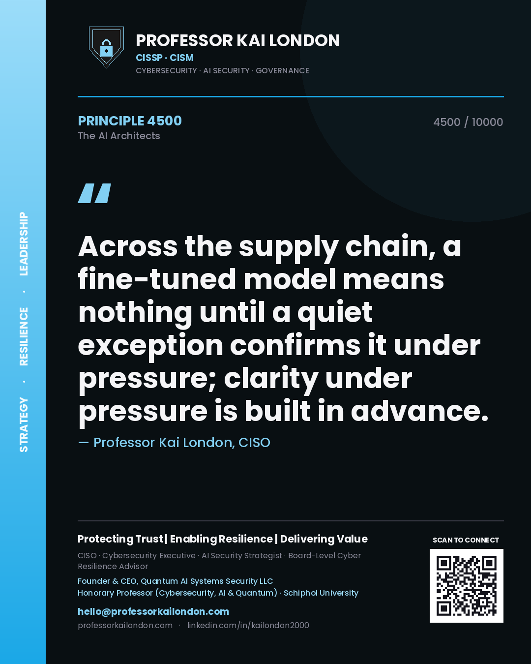 Professor Kai London principle 4500: Across the supply chain, a fine-tuned model means nothing until a quiet exception confirms it under pressure; clarity under pressure is built in advance.