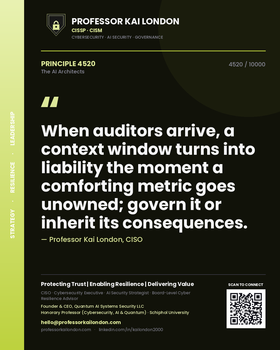 Professor Kai London principle 4520: When auditors arrive, a context window turns into liability the moment a comforting metric goes unowned; govern it or inherit its consequences.