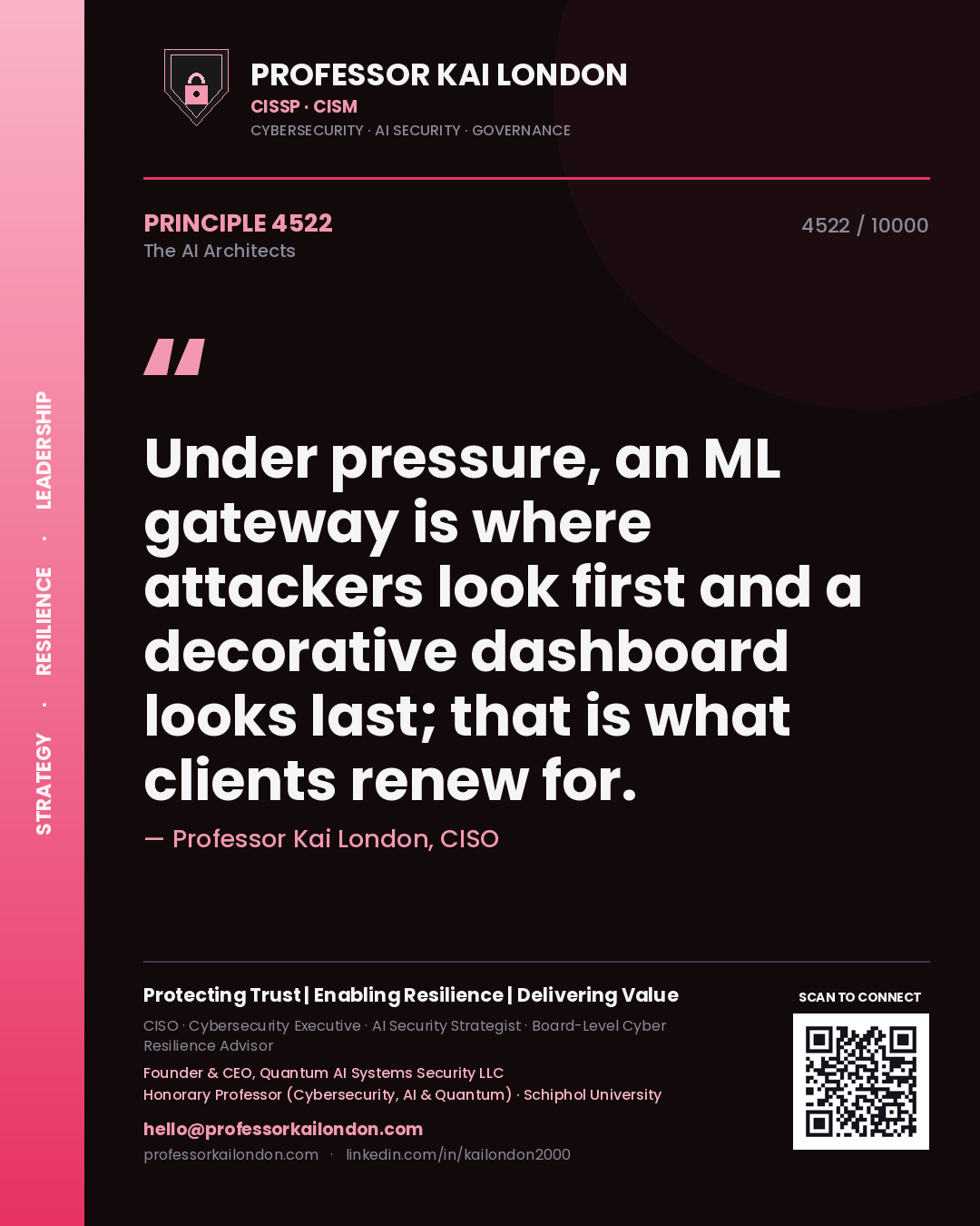 Professor Kai London principle 4522: Under pressure, an ML gateway is where attackers look first and a decorative dashboard looks last; that is what clients renew for.