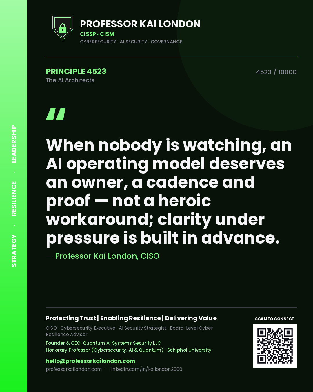 Professor Kai London principle 4523: When nobody is watching, an AI operating model deserves an owner, a cadence and proof — not a heroic workaround; clarity under pressure is built in advance.