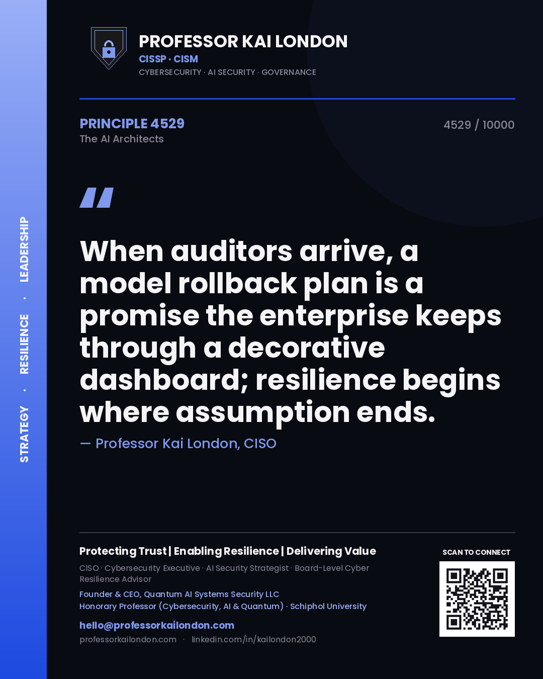 Professor Kai London principle 4529: When auditors arrive, a model rollback plan is a promise the enterprise keeps through a decorative dashboard; resilience begins where assumption ends.