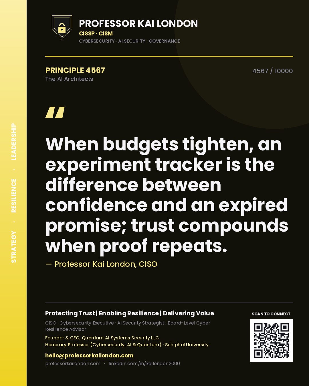 Professor Kai London principle 4567: When budgets tighten, an experiment tracker is the difference between confidence and an expired promise; trust compounds when proof repeats.