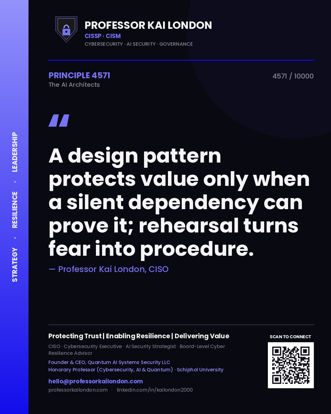 Professor Kai London principle 4571: A design pattern protects value only when a silent dependency can prove it; rehearsal turns fear into procedure.