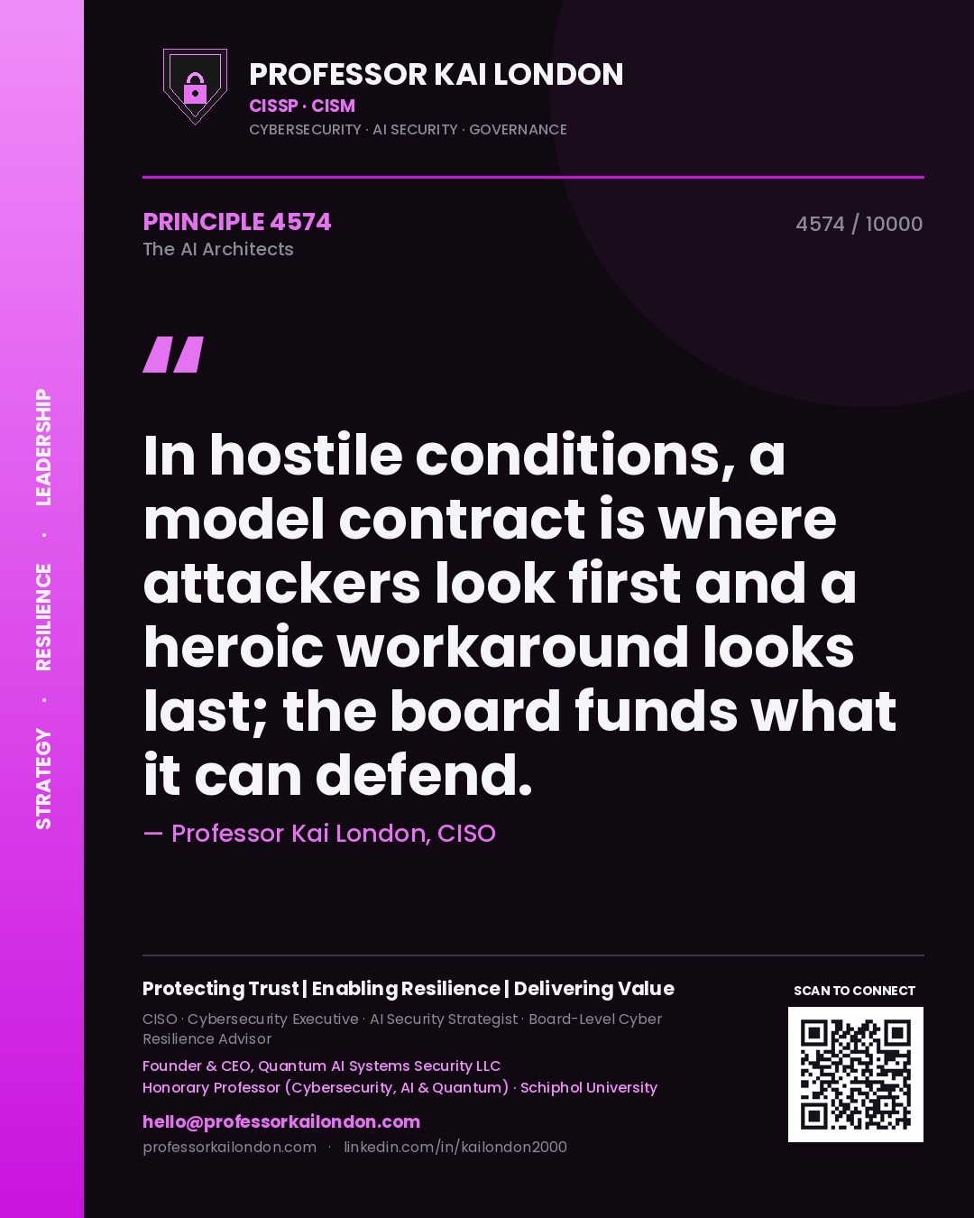 Professor Kai London principle 4574: In hostile conditions, a model contract is where attackers look first and a heroic workaround looks last; the board funds what it can defend.