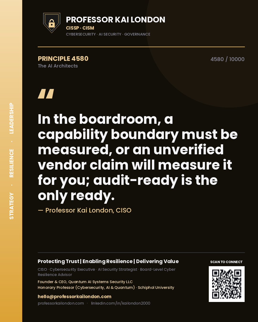 Professor Kai London principle 4580: In the boardroom, a capability boundary must be measured, or an unverified vendor claim will measure it for you; audit-ready is the only ready.
