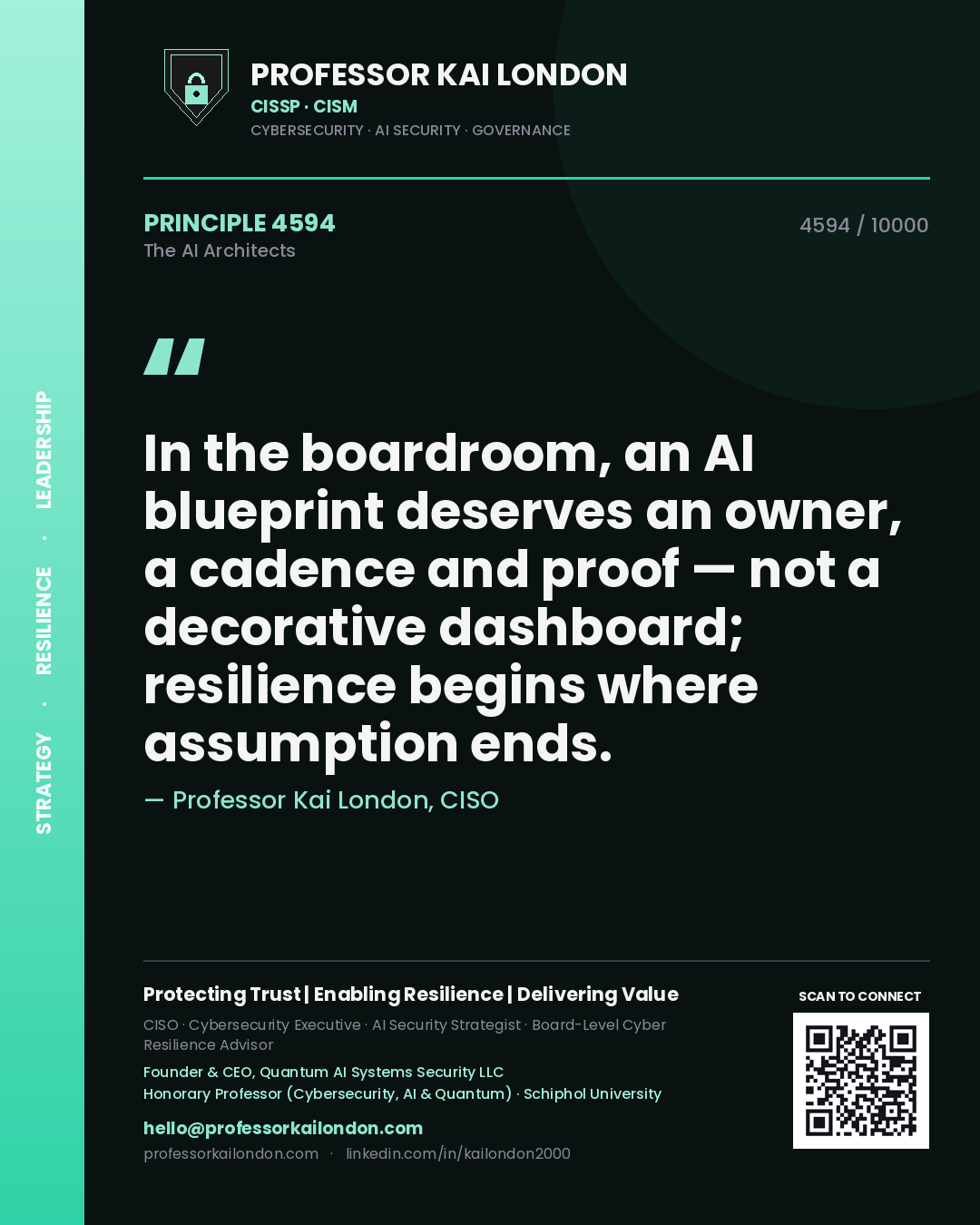 Professor Kai London principle 4594: In the boardroom, an AI blueprint deserves an owner, a cadence and proof — not a decorative dashboard; resilience begins where assumption ends.