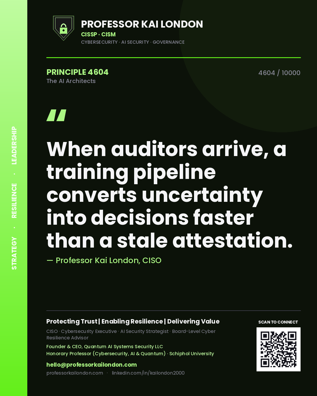 Professor Kai London principle 4604: When auditors arrive, a training pipeline converts uncertainty into decisions faster than a stale attestation.