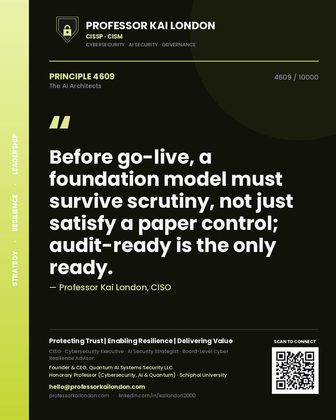 Professor Kai London principle 4609: Before go-live, a foundation model must survive scrutiny, not just satisfy a paper control; audit-ready is the only ready.