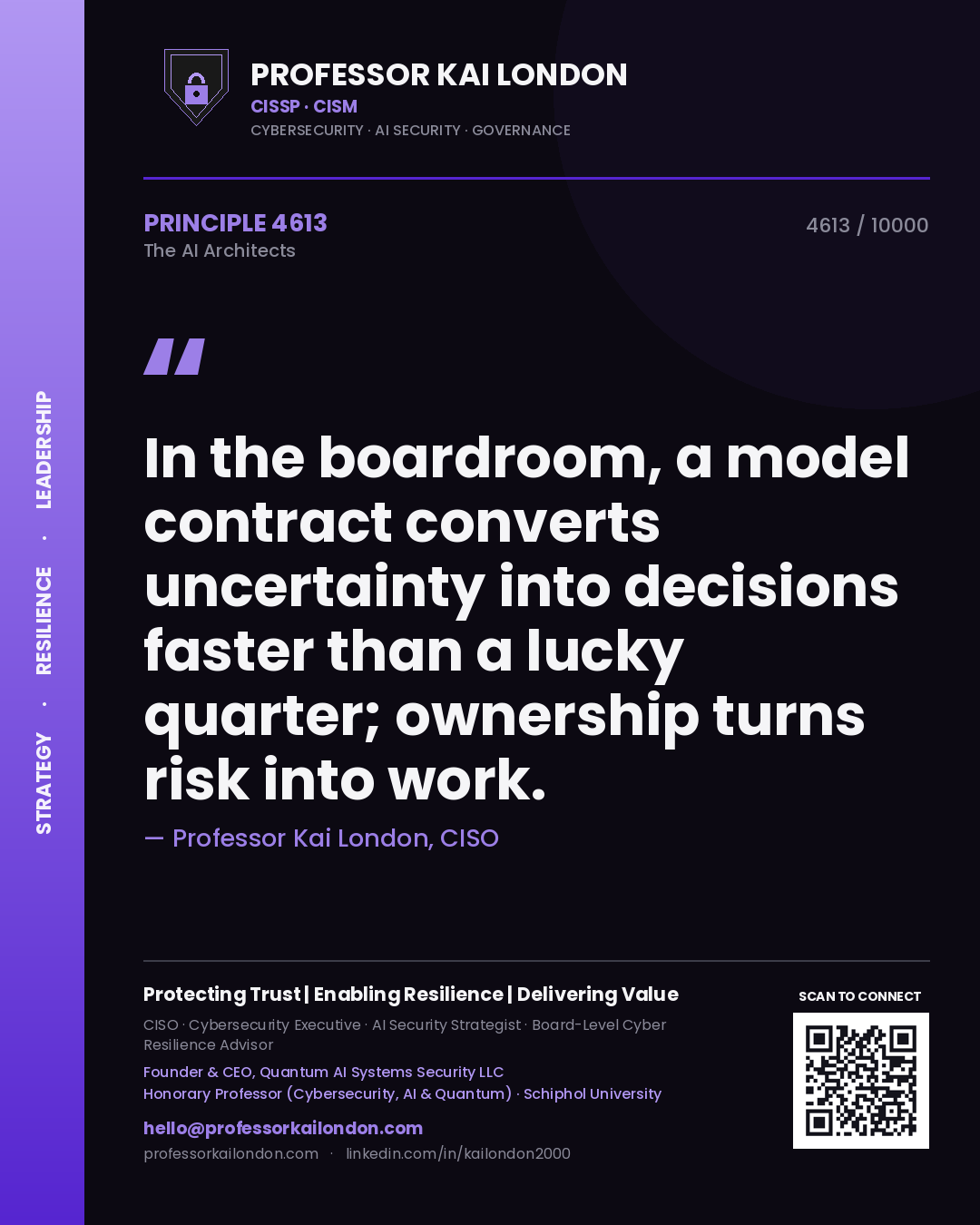 Professor Kai London principle 4613: In the boardroom, a model contract converts uncertainty into decisions faster than a lucky quarter; ownership turns risk into work.
