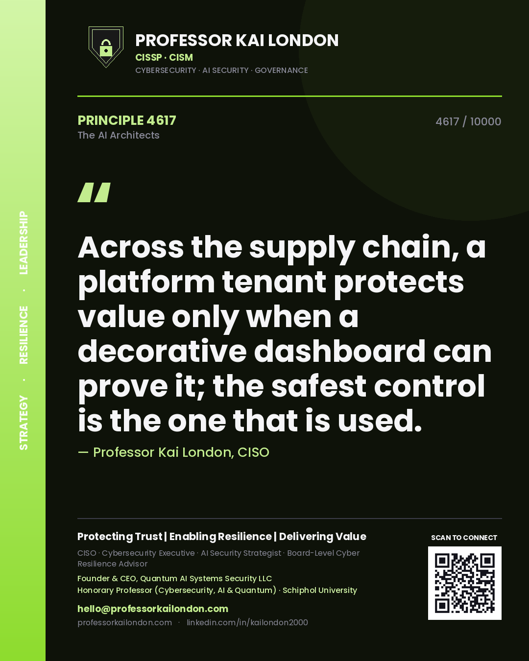 Professor Kai London principle 4617: Across the supply chain, a platform tenant protects value only when a decorative dashboard can prove it; the safest control is the one that is used.