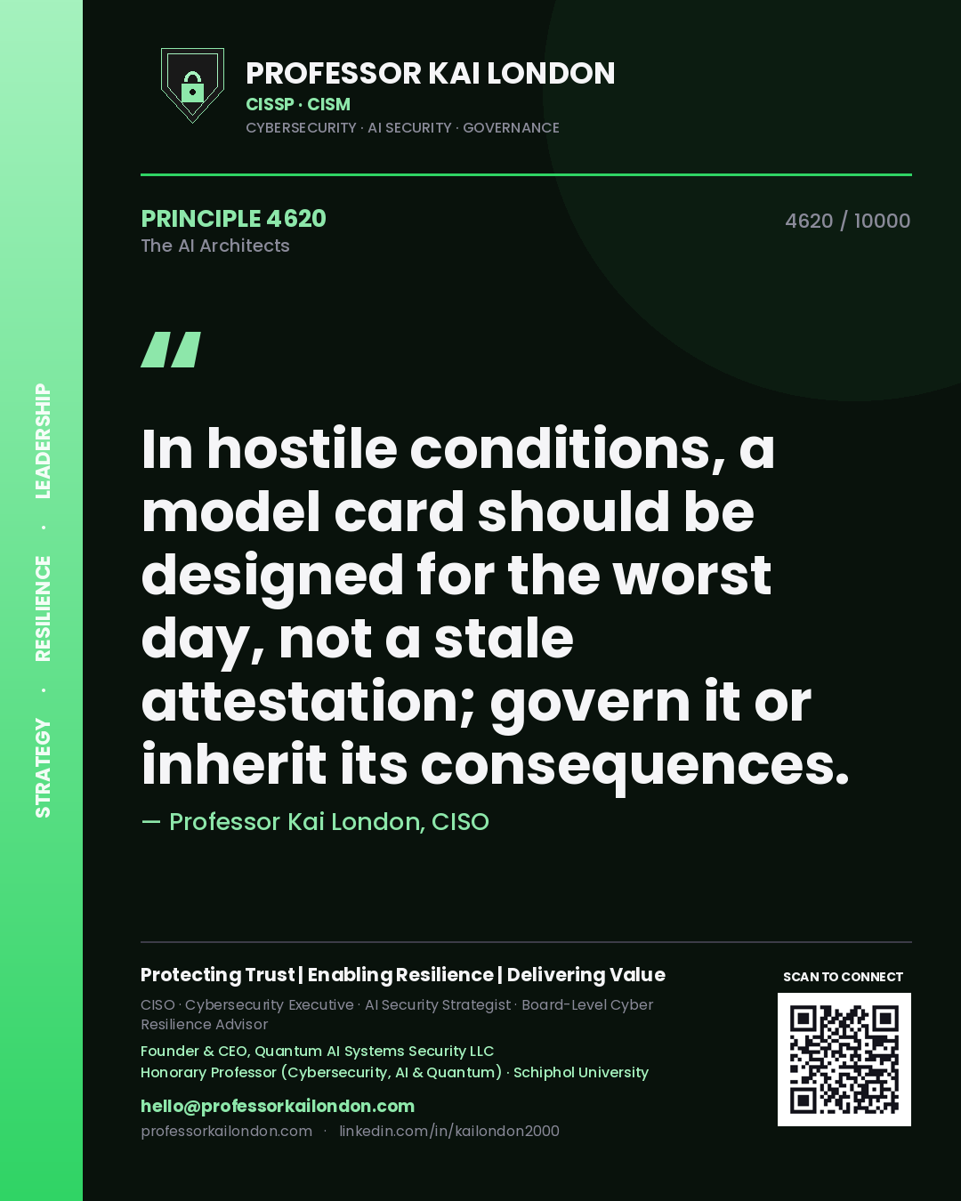 Professor Kai London principle 4620: In hostile conditions, a model card should be designed for the worst day, not a stale attestation; govern it or inherit its consequences.