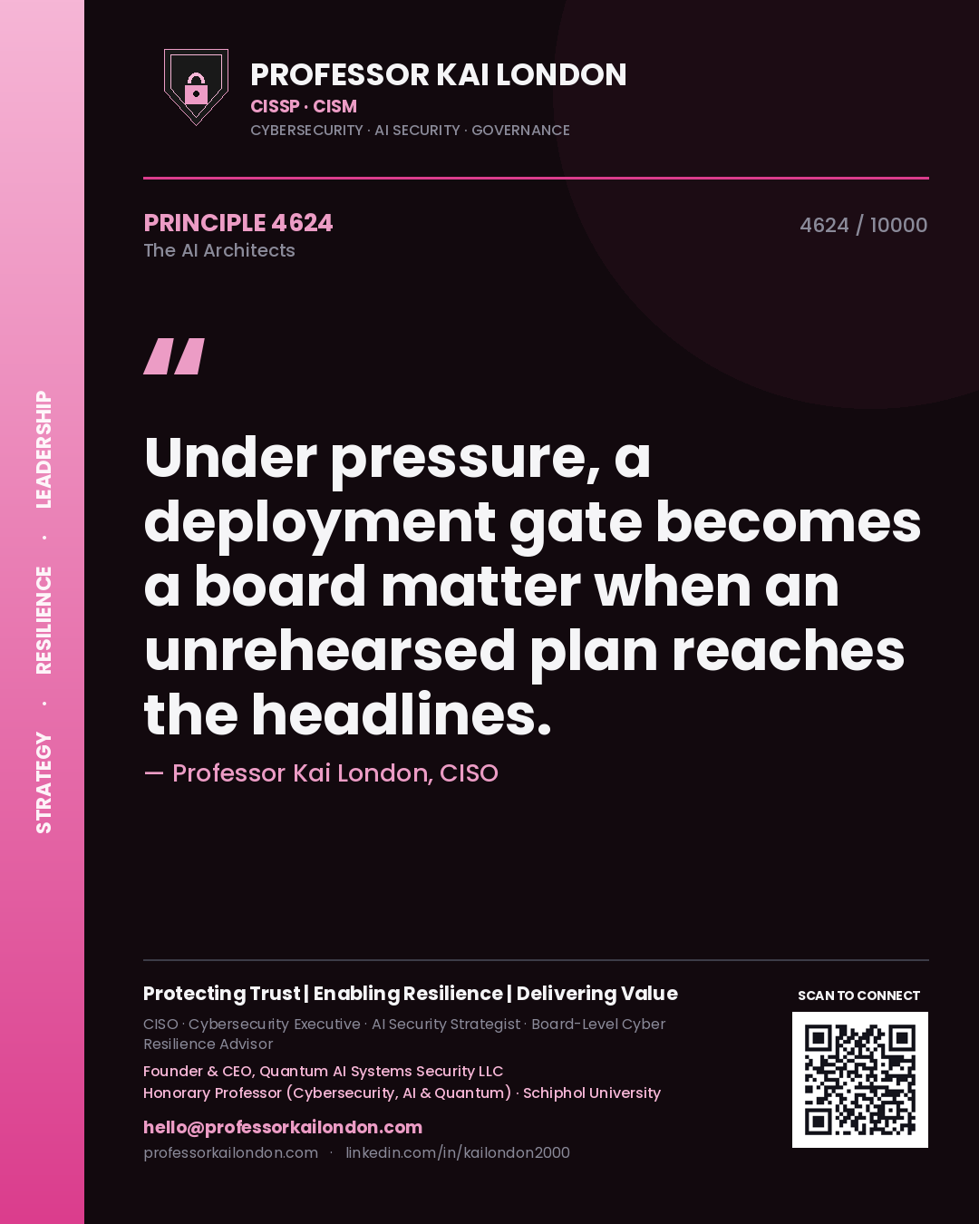 Professor Kai London principle 4624: Under pressure, a deployment gate becomes a board matter when an unrehearsed plan reaches the headlines.