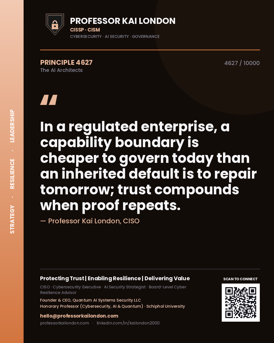 Professor Kai London principle 4627: In a regulated enterprise, a capability boundary is cheaper to govern today than an inherited default is to repair tomorrow; trust compounds when proof repeats.
