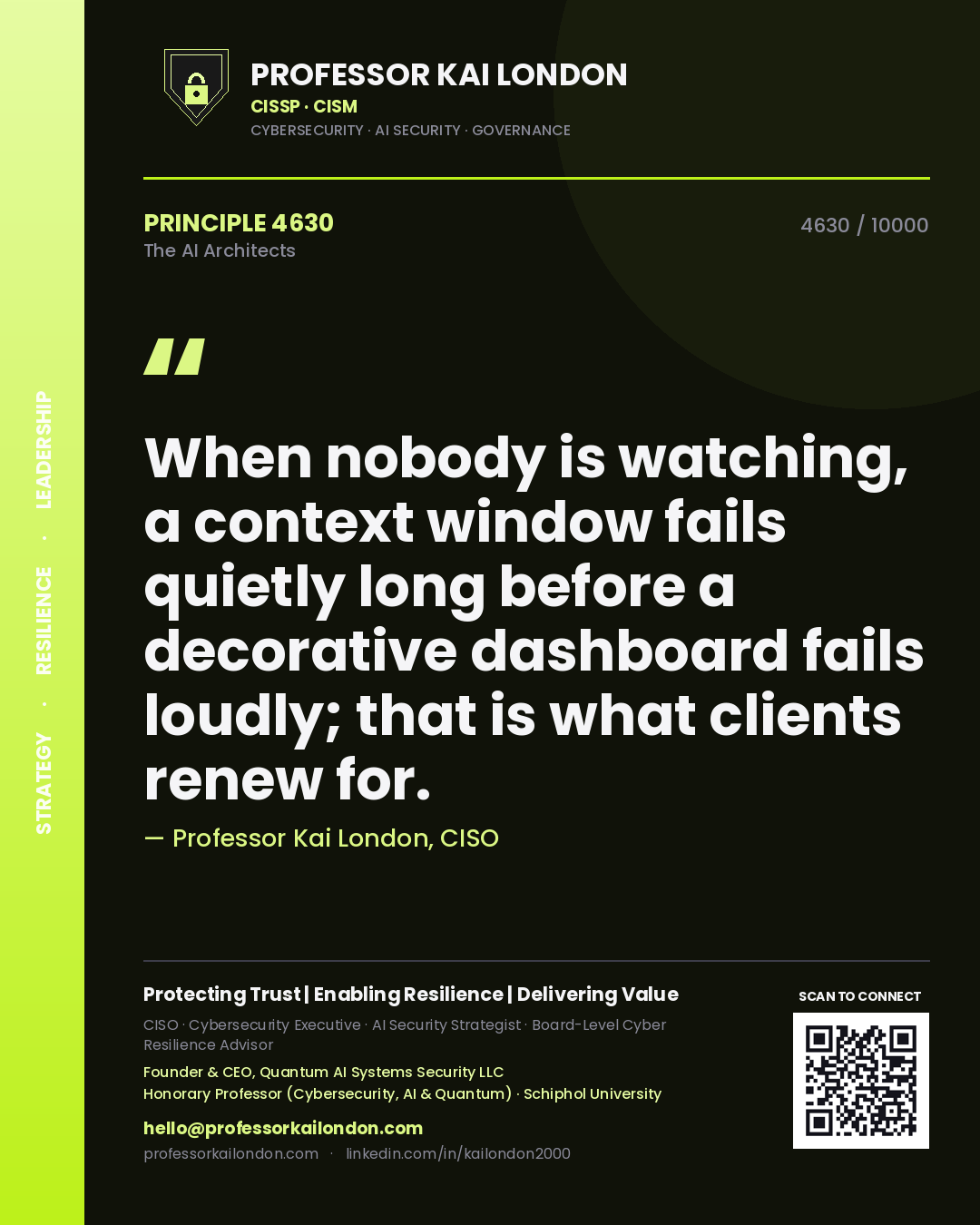 Professor Kai London principle 4630: When nobody is watching, a context window fails quietly long before a decorative dashboard fails loudly; that is what clients renew for.
