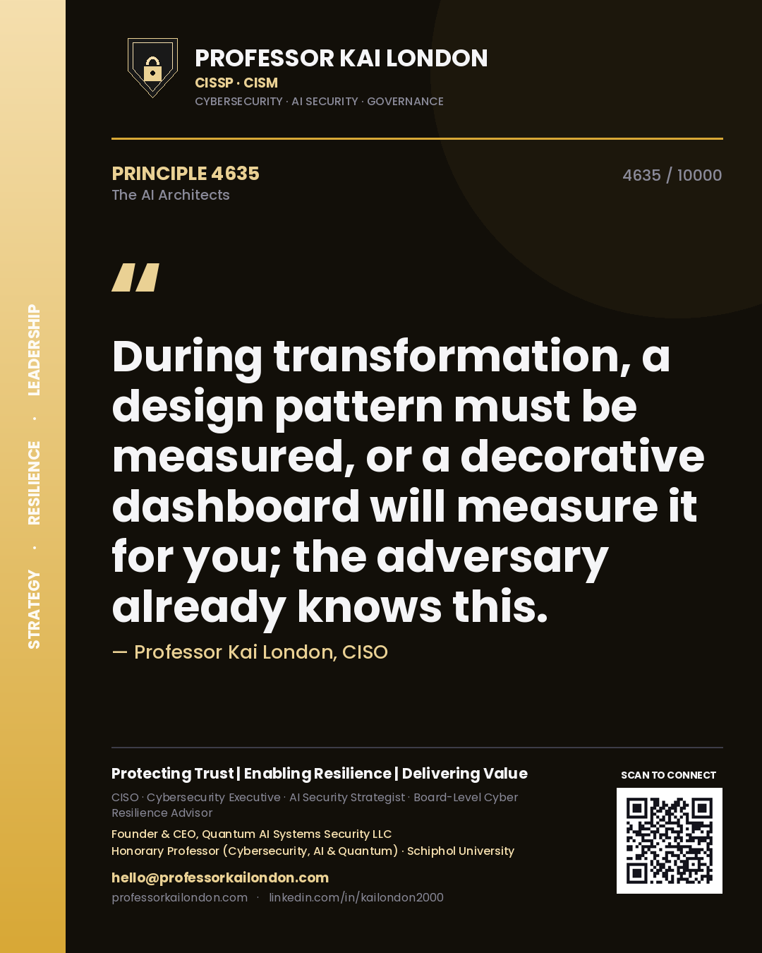Professor Kai London principle 4635: During transformation, a design pattern must be measured, or a decorative dashboard will measure it for you; the adversary already knows this.