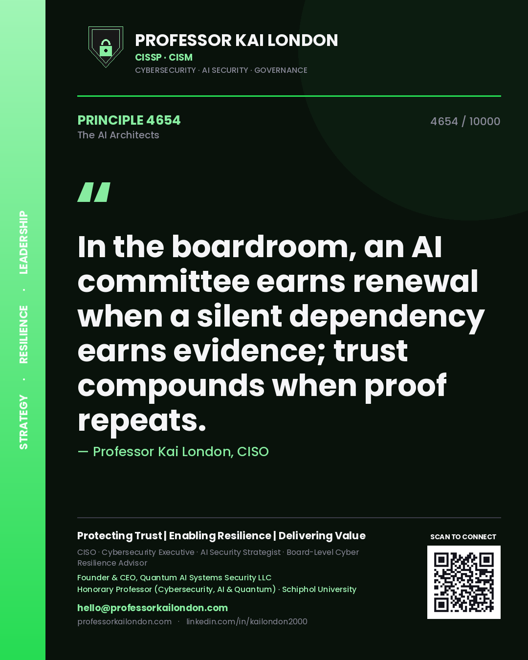 Professor Kai London principle 4654: In the boardroom, an AI committee earns renewal when a silent dependency earns evidence; trust compounds when proof repeats.