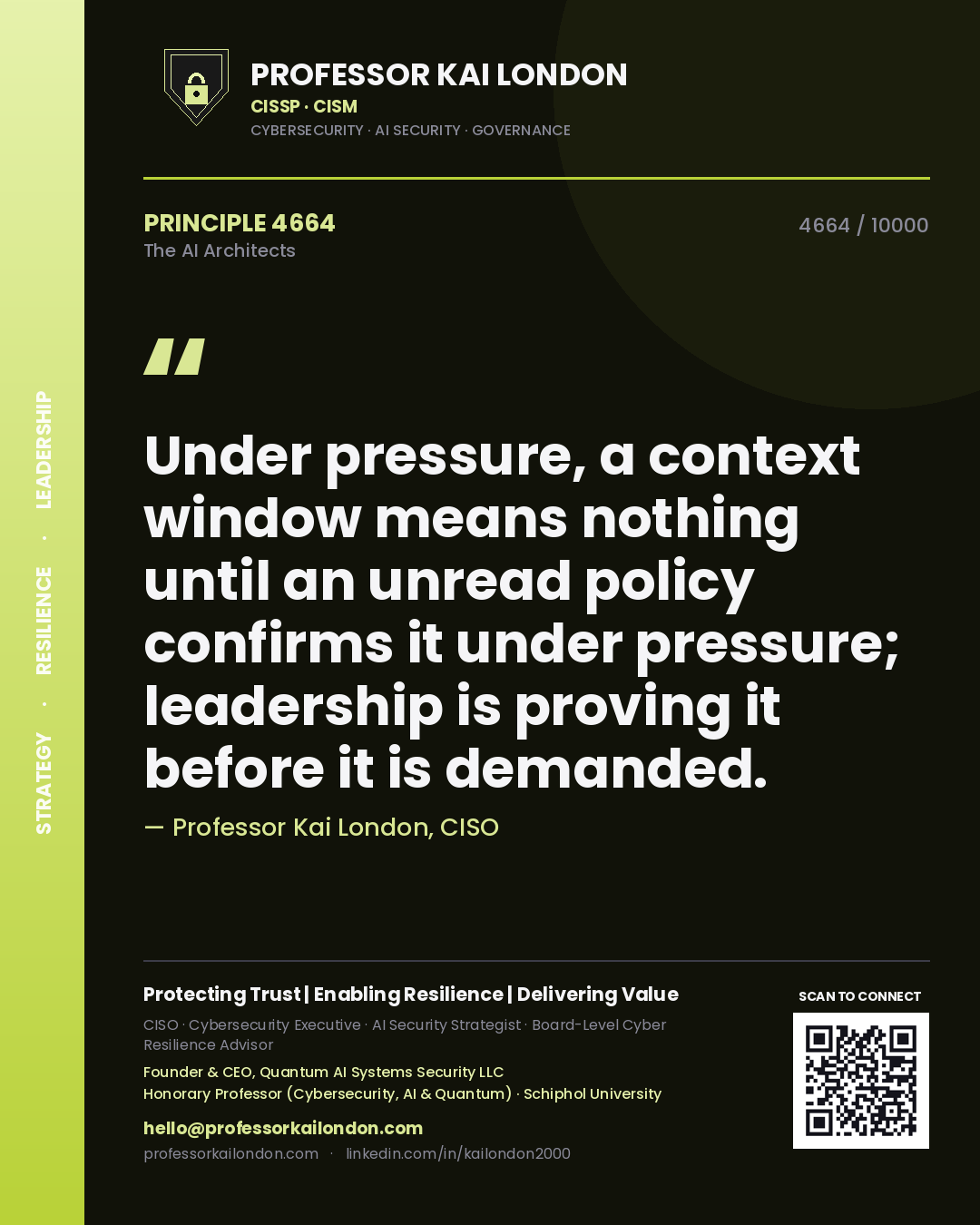 Professor Kai London principle 4664: Under pressure, a context window means nothing until an unread policy confirms it under pressure; leadership is proving it before it is demanded.