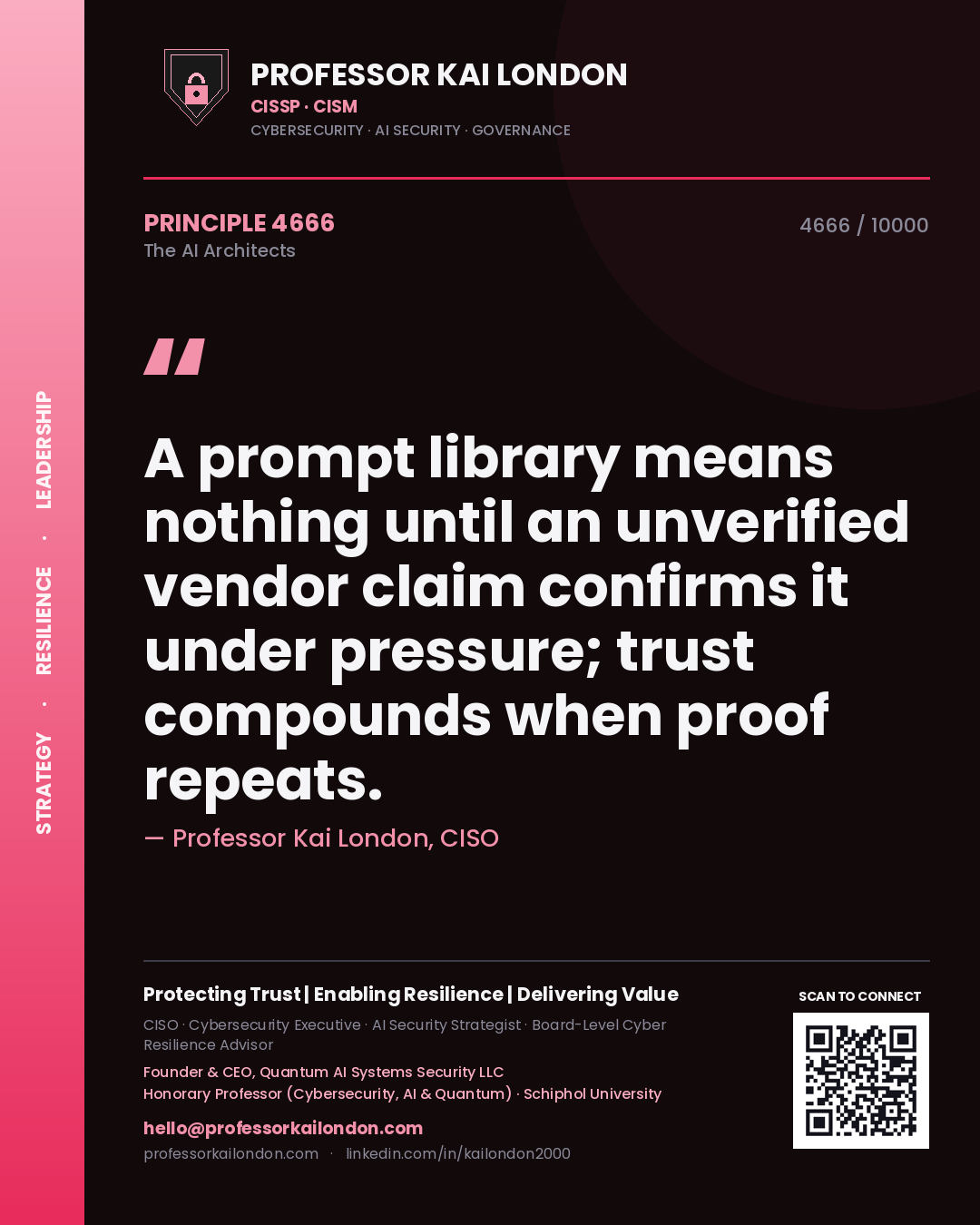 Professor Kai London principle 4666: A prompt library means nothing until an unverified vendor claim confirms it under pressure; trust compounds when proof repeats.
