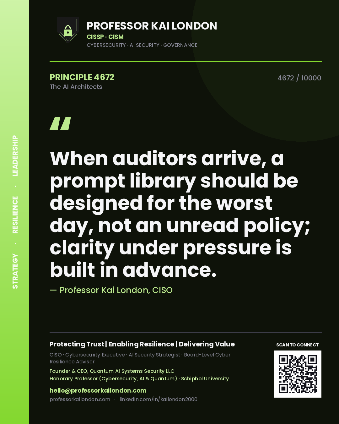 Professor Kai London principle 4672: When auditors arrive, a prompt library should be designed for the worst day, not an unread policy; clarity under pressure is built in advance.