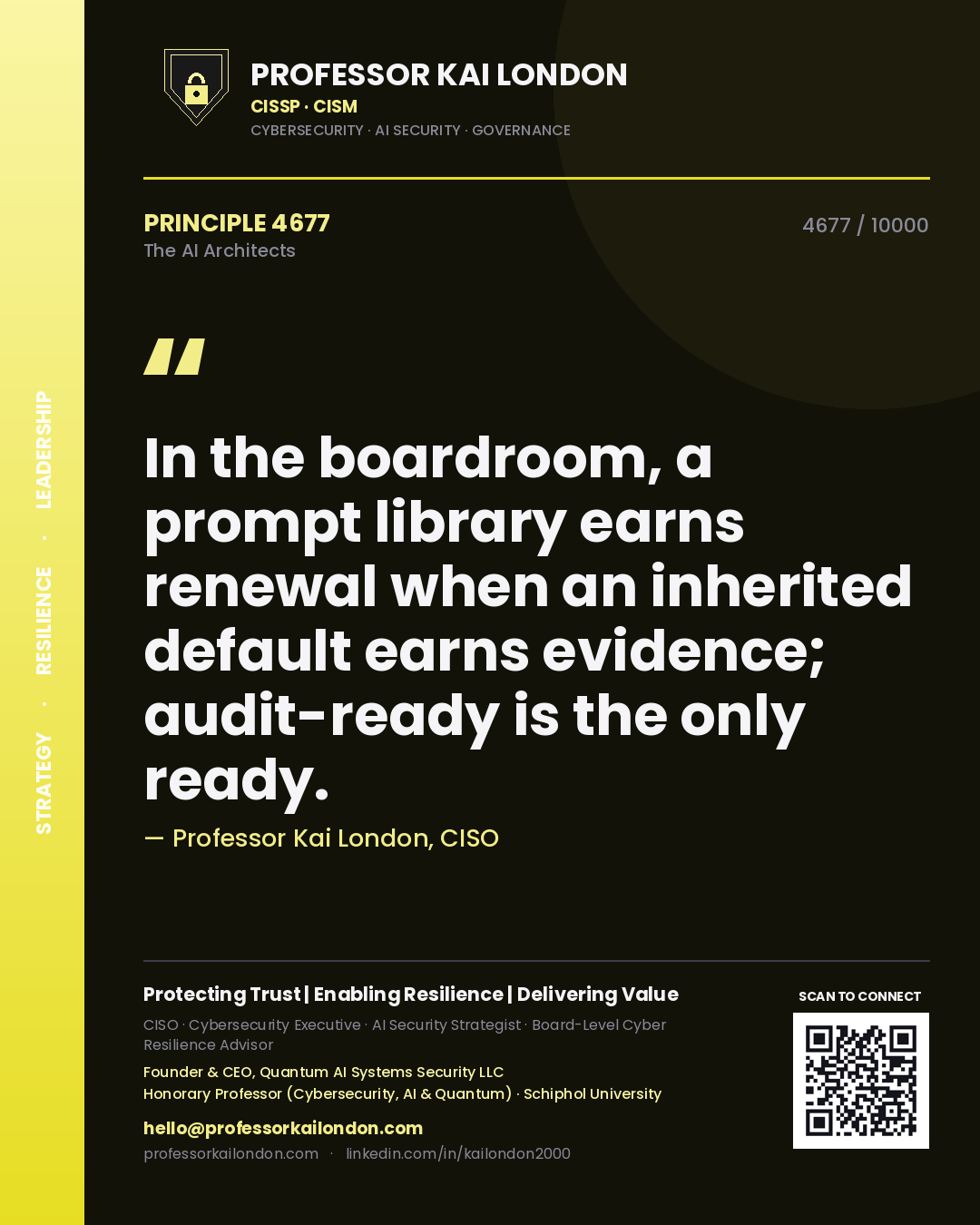 Professor Kai London principle 4677: In the boardroom, a prompt library earns renewal when an inherited default earns evidence; audit-ready is the only ready.