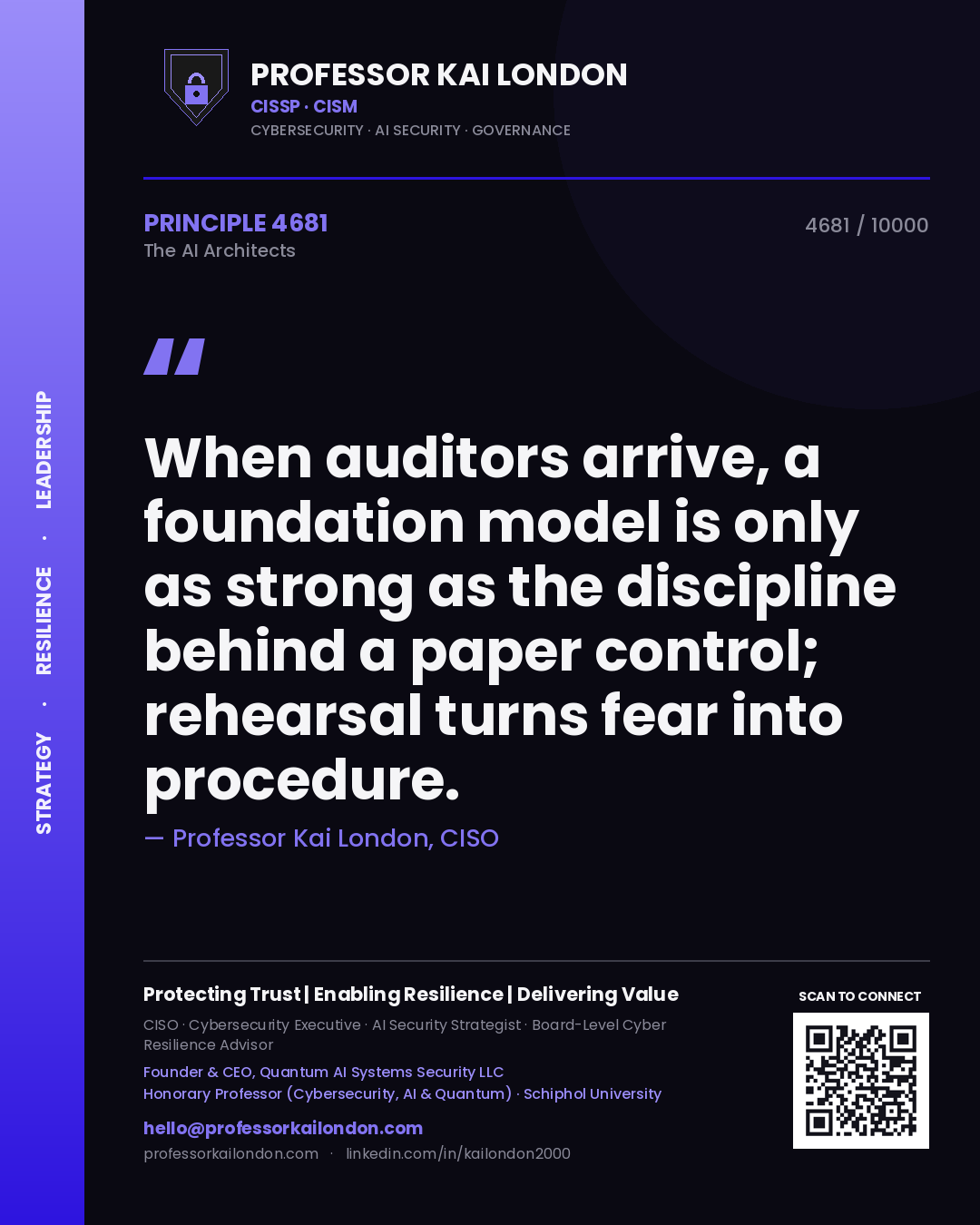 Professor Kai London principle 4681: When auditors arrive, a foundation model is only as strong as the discipline behind a paper control; rehearsal turns fear into procedure.