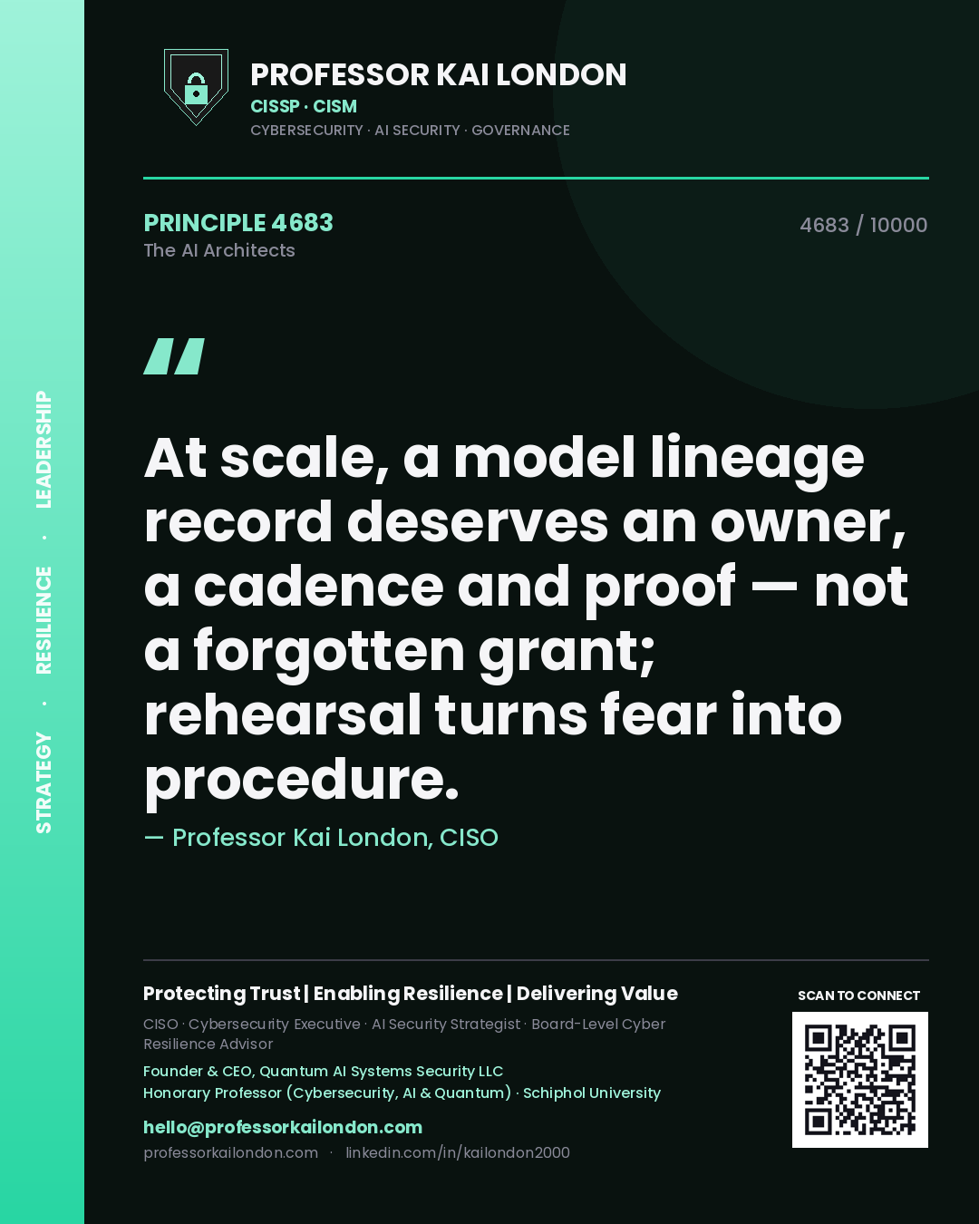 Professor Kai London principle 4683: At scale, a model lineage record deserves an owner, a cadence and proof — not a forgotten grant; rehearsal turns fear into procedure.