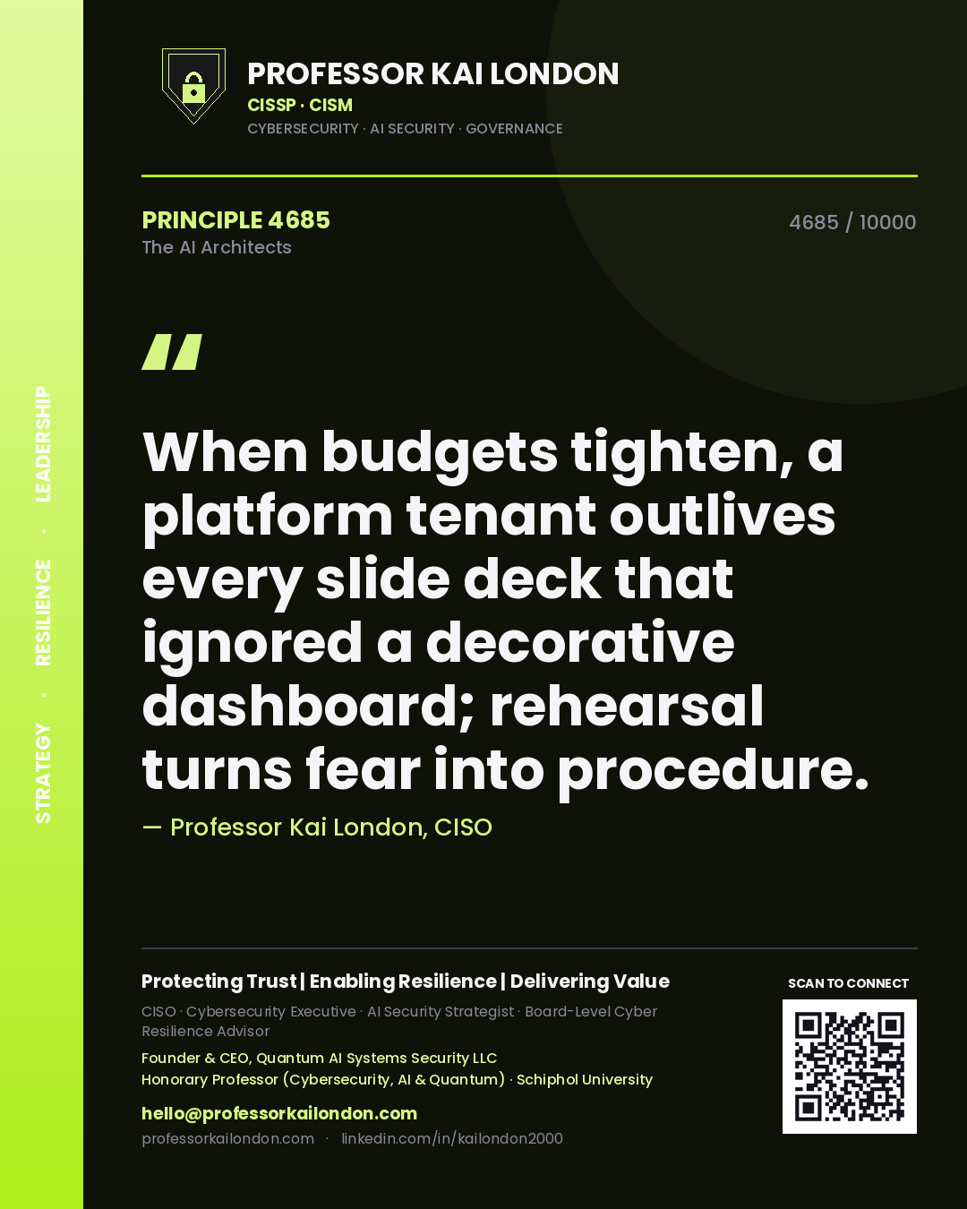Professor Kai London principle 4685: When budgets tighten, a platform tenant outlives every slide deck that ignored a decorative dashboard; rehearsal turns fear into procedure.