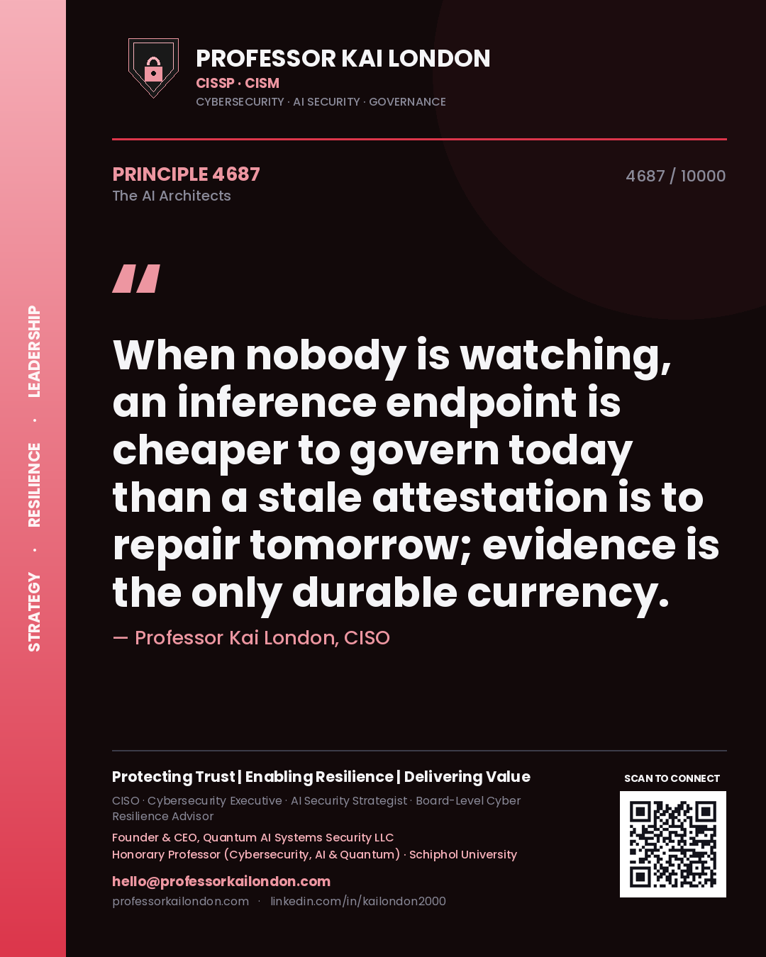 Professor Kai London principle 4687: When nobody is watching, an inference endpoint is cheaper to govern today than a stale attestation is to repair tomorrow; evidence is the only durable currency.