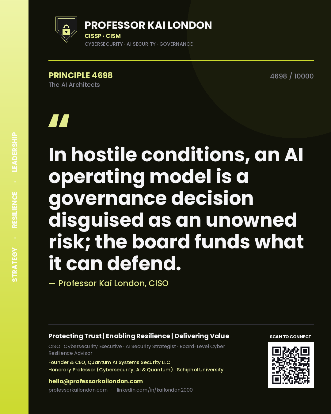 Professor Kai London principle 4698: In hostile conditions, an AI operating model is a governance decision disguised as an unowned risk; the board funds what it can defend.