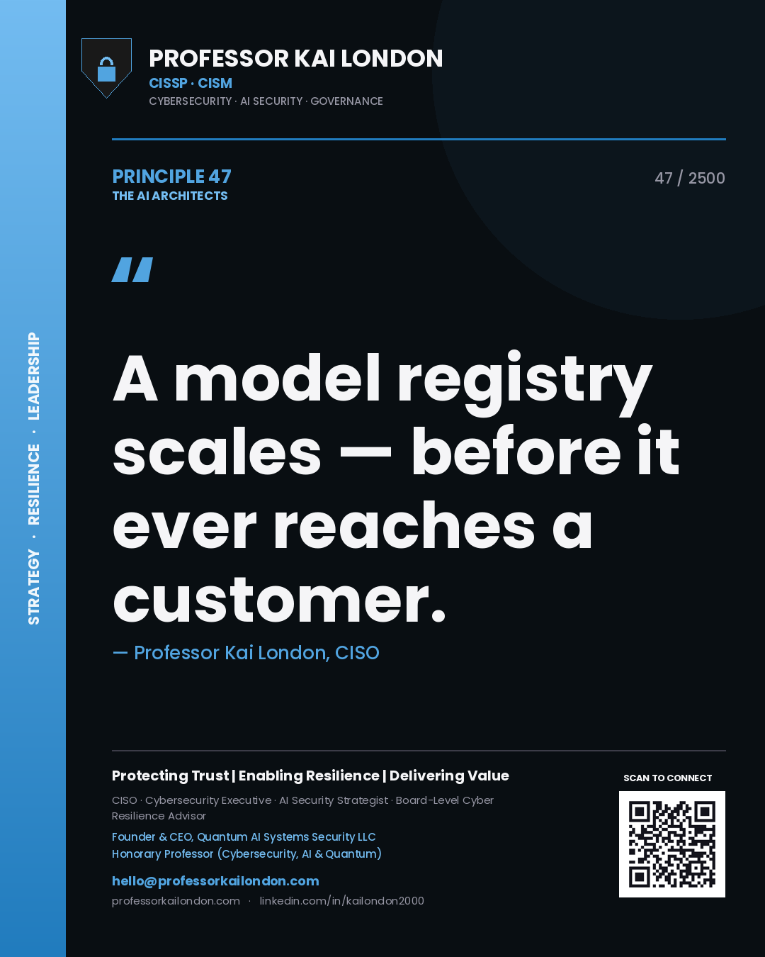 Professor Kai London principle 47: A model registry scales — before it ever reaches a customer.