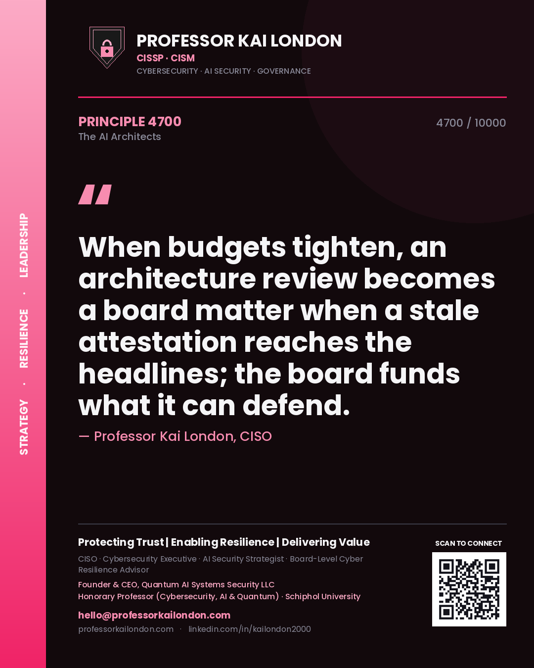 Professor Kai London principle 4700: When budgets tighten, an architecture review becomes a board matter when a stale attestation reaches the headlines; the board funds what it can defend.