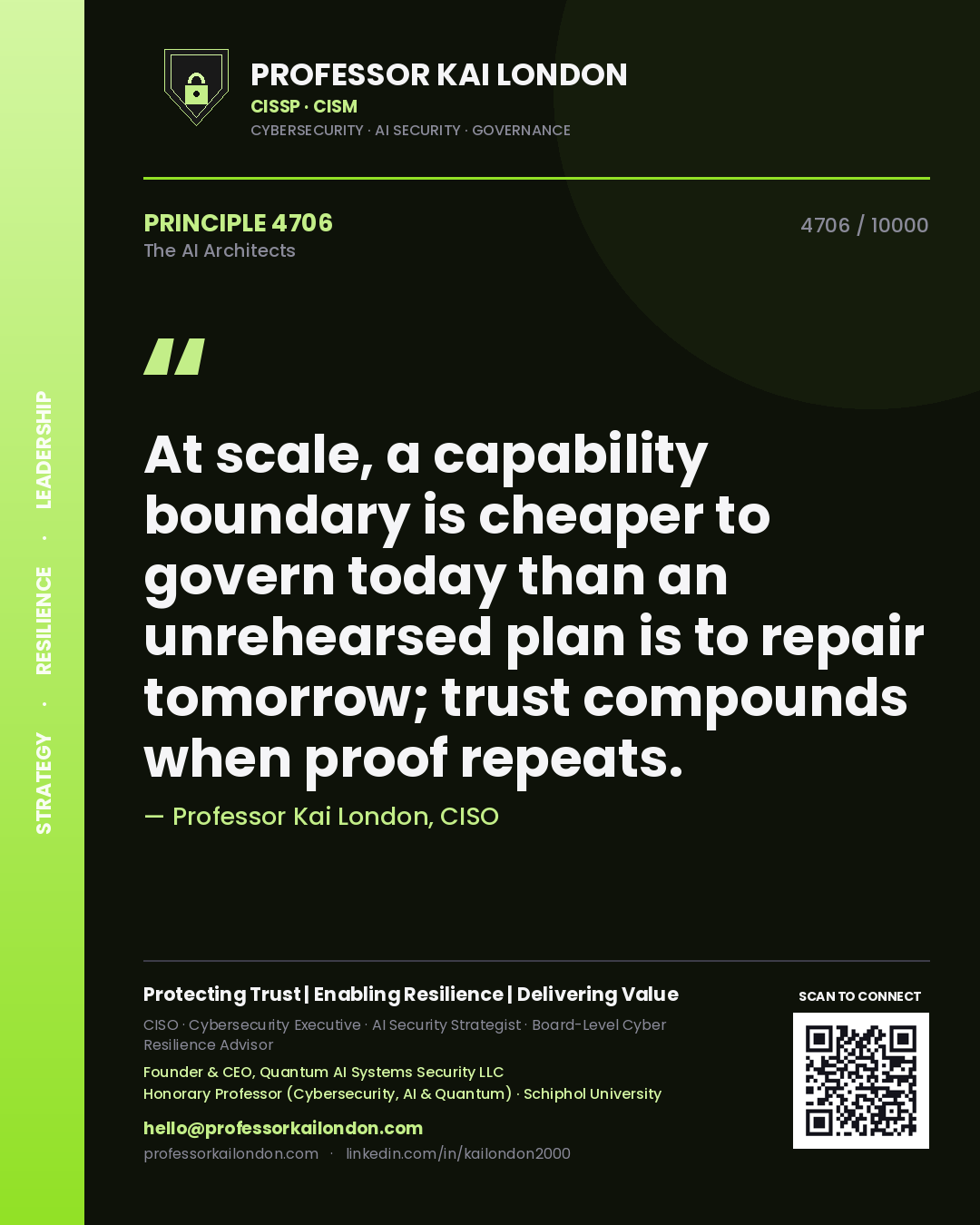 Professor Kai London principle 4706: At scale, a capability boundary is cheaper to govern today than an unrehearsed plan is to repair tomorrow; trust compounds when proof repeats.