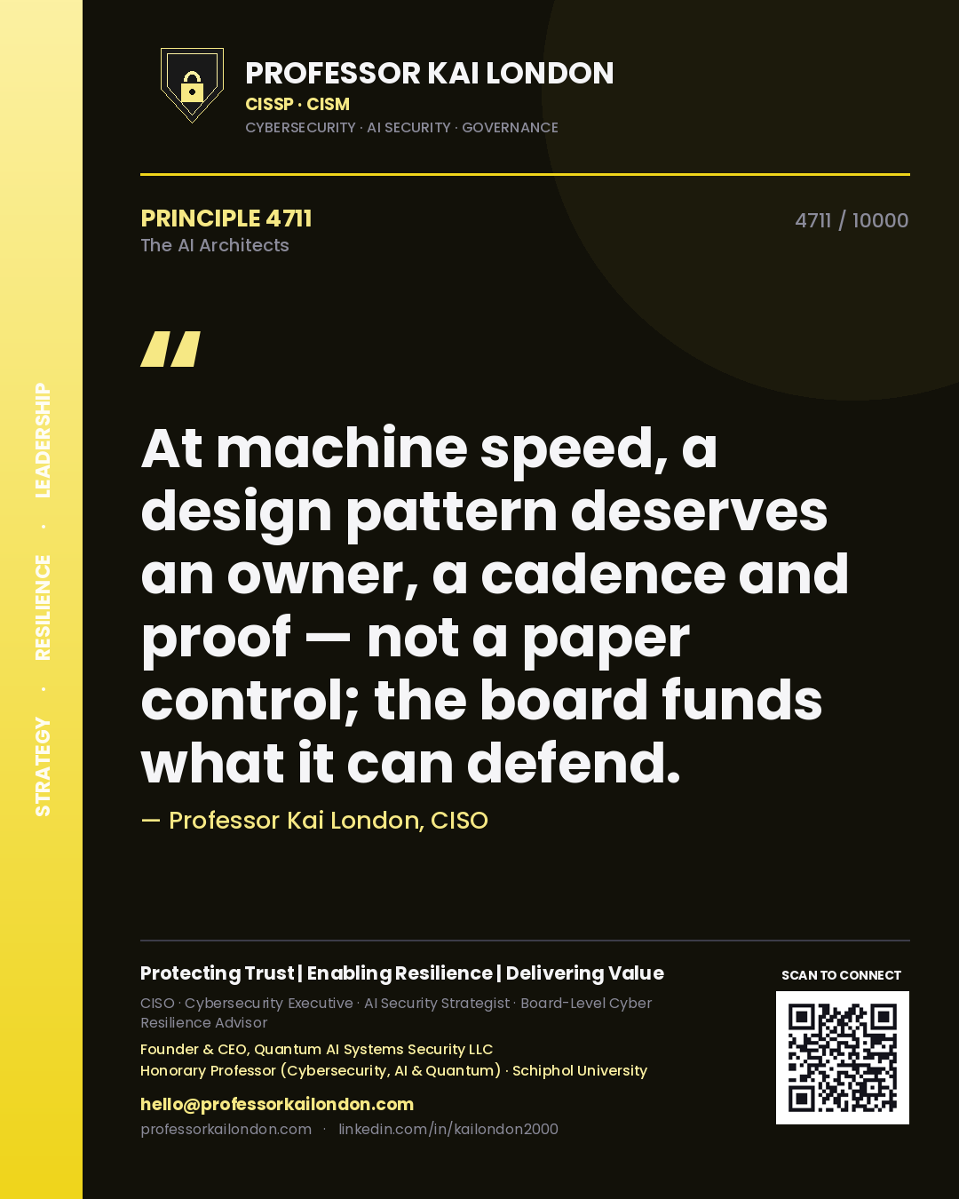 Professor Kai London principle 4711: At machine speed, a design pattern deserves an owner, a cadence and proof — not a paper control; the board funds what it can defend.