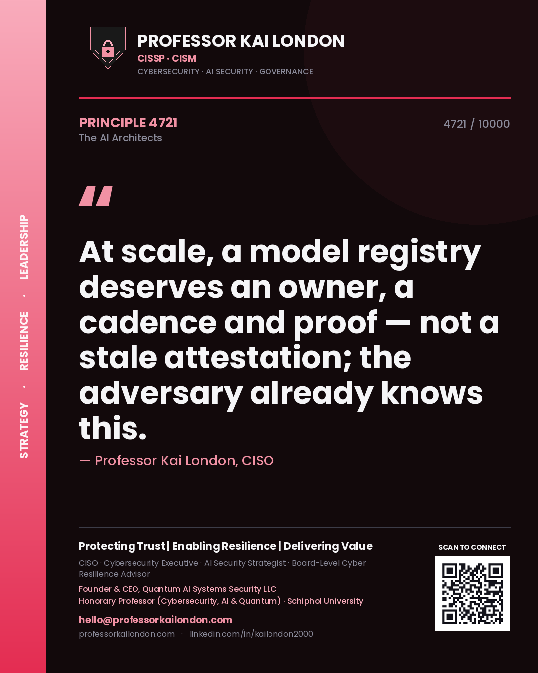 Professor Kai London principle 4721: At scale, a model registry deserves an owner, a cadence and proof — not a stale attestation; the adversary already knows this.