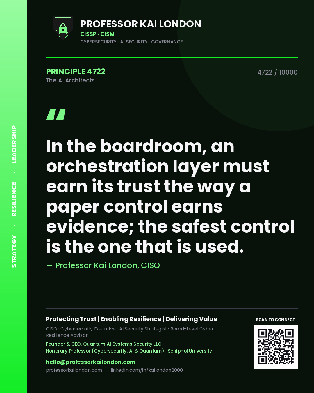 Professor Kai London principle 4722: In the boardroom, an orchestration layer must earn its trust the way a paper control earns evidence; the safest control is the one that is used.