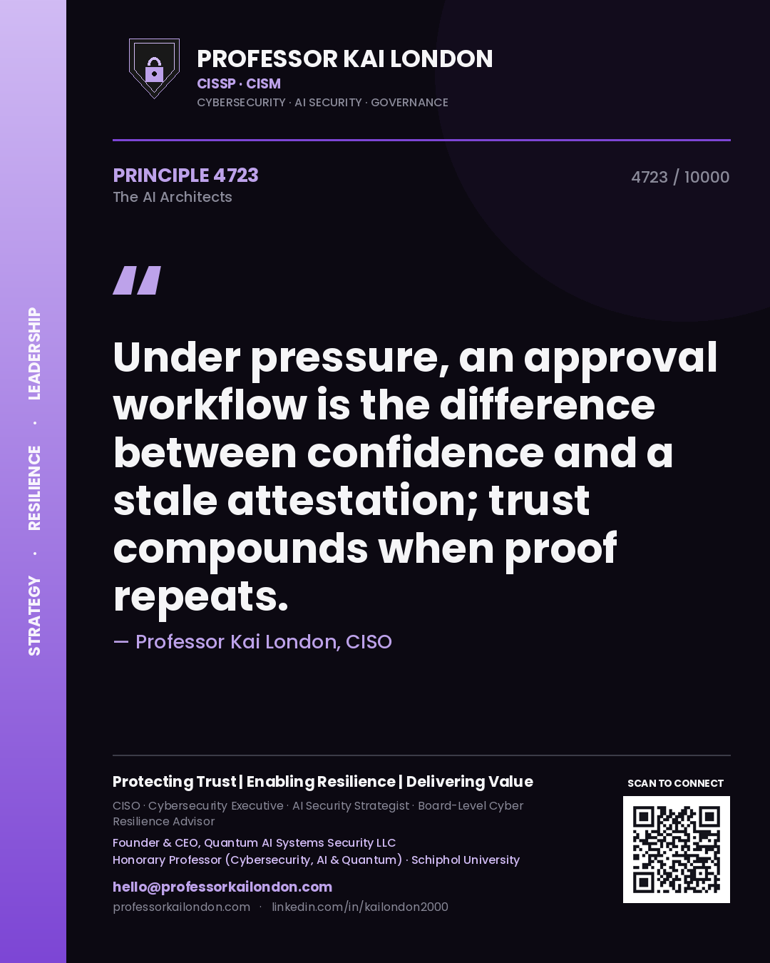 Professor Kai London principle 4723: Under pressure, an approval workflow is the difference between confidence and a stale attestation; trust compounds when proof repeats.