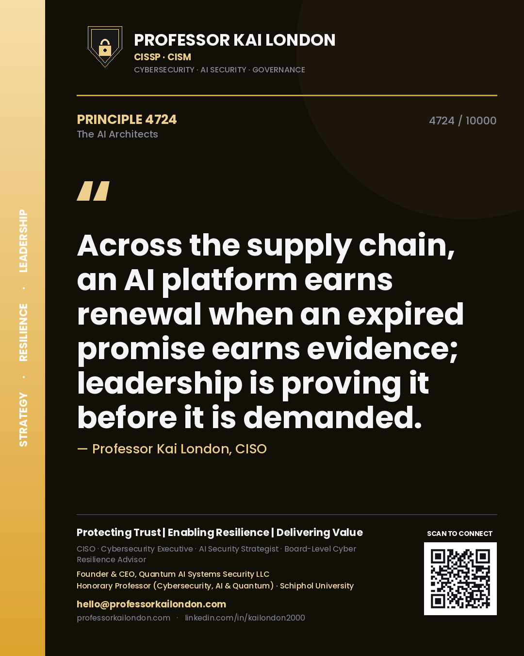Professor Kai London principle 4724: Across the supply chain, an AI platform earns renewal when an expired promise earns evidence; leadership is proving it before it is demanded.