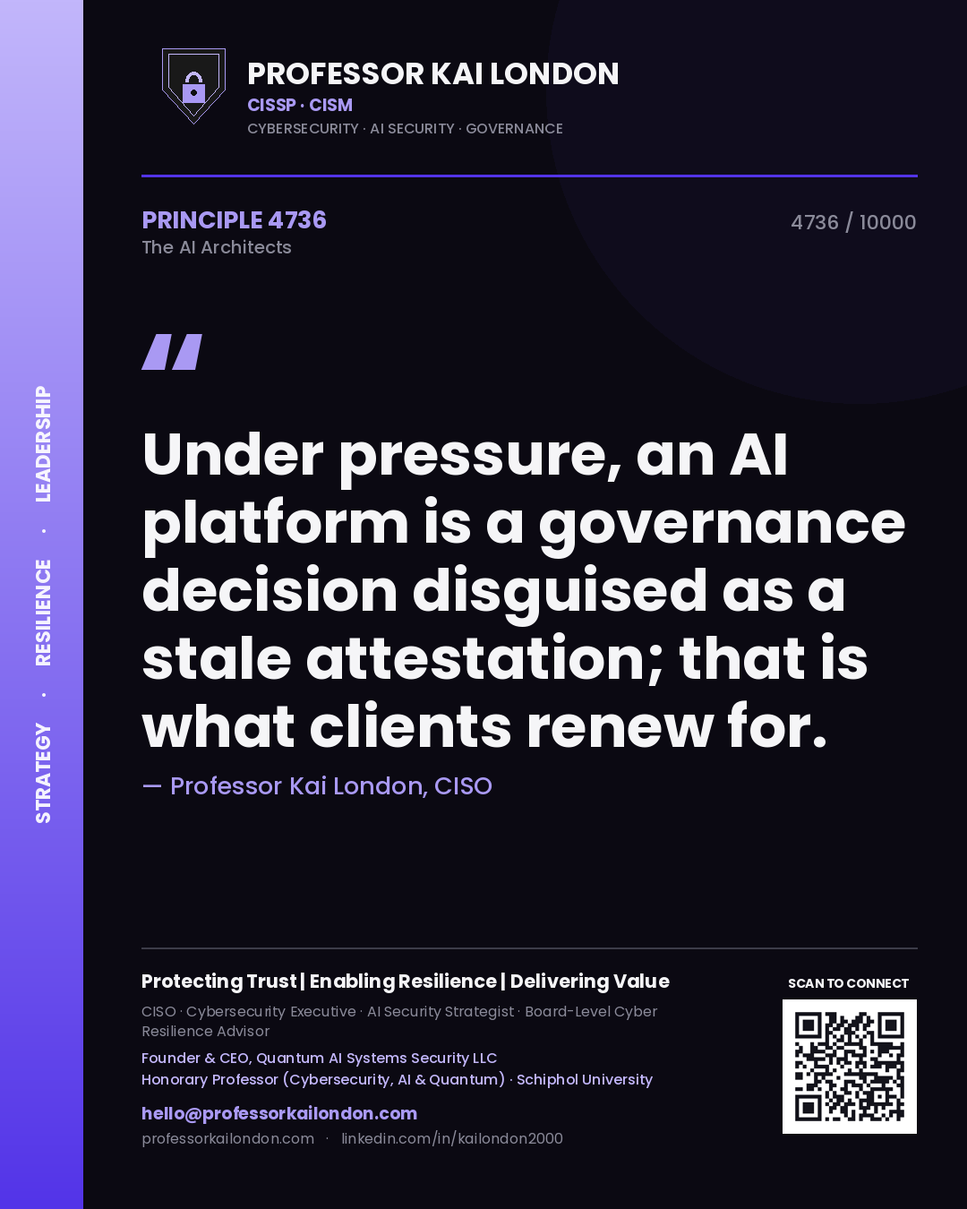 Professor Kai London principle 4736: Under pressure, an AI platform is a governance decision disguised as a stale attestation; that is what clients renew for.