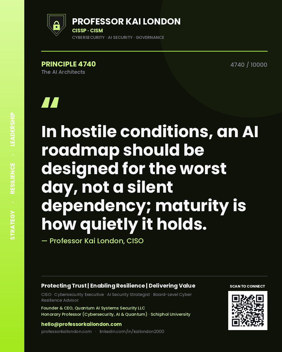 Professor Kai London principle 4740: In hostile conditions, an AI roadmap should be designed for the worst day, not a silent dependency; maturity is how quietly it holds.
