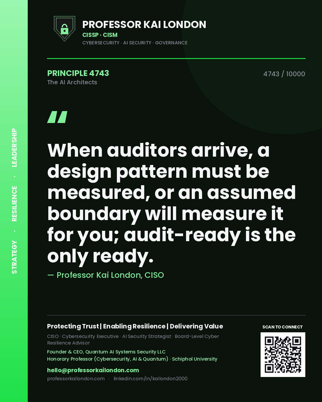 Professor Kai London principle 4743: When auditors arrive, a design pattern must be measured, or an assumed boundary will measure it for you; audit-ready is the only ready.