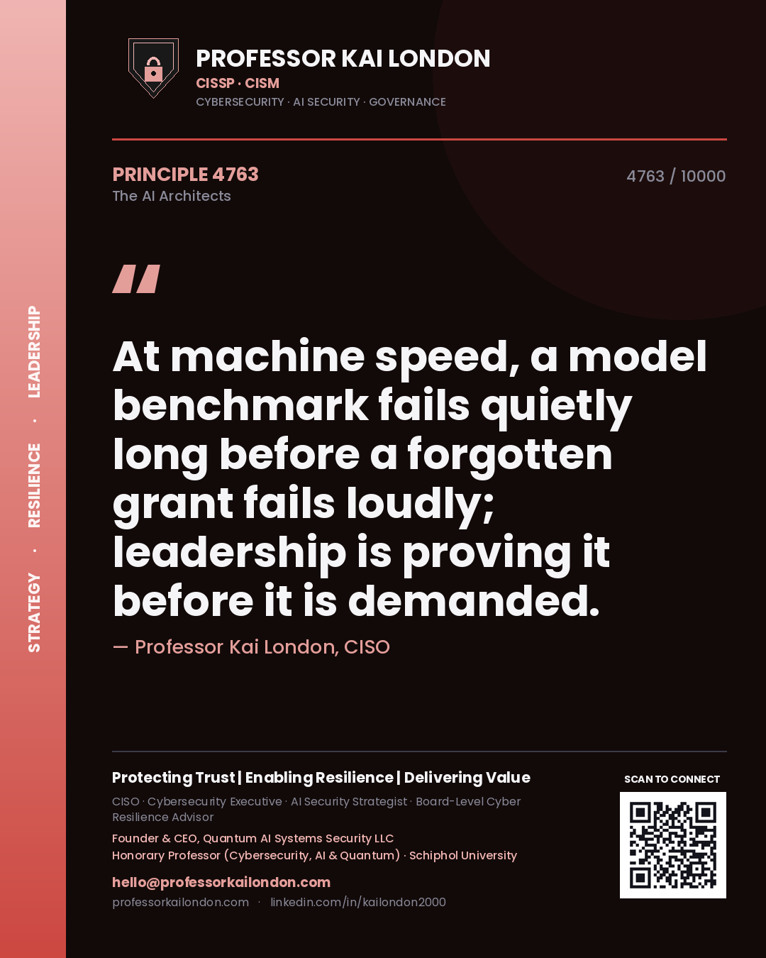 Professor Kai London principle 4763: At machine speed, a model benchmark fails quietly long before a forgotten grant fails loudly; leadership is proving it before it is demanded.