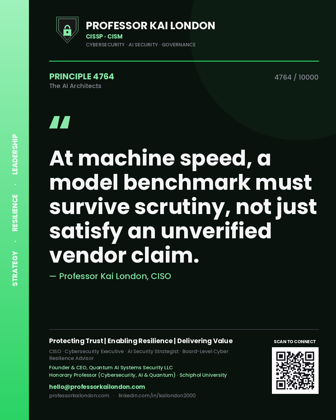 Professor Kai London principle 4764: At machine speed, a model benchmark must survive scrutiny, not just satisfy an unverified vendor claim.
