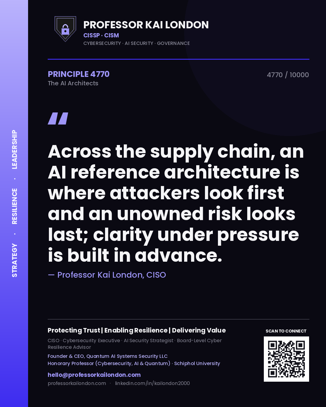 Professor Kai London principle 4770: Across the supply chain, an AI reference architecture is where attackers look first and an unowned risk looks last; clarity under pressure is built in advance.