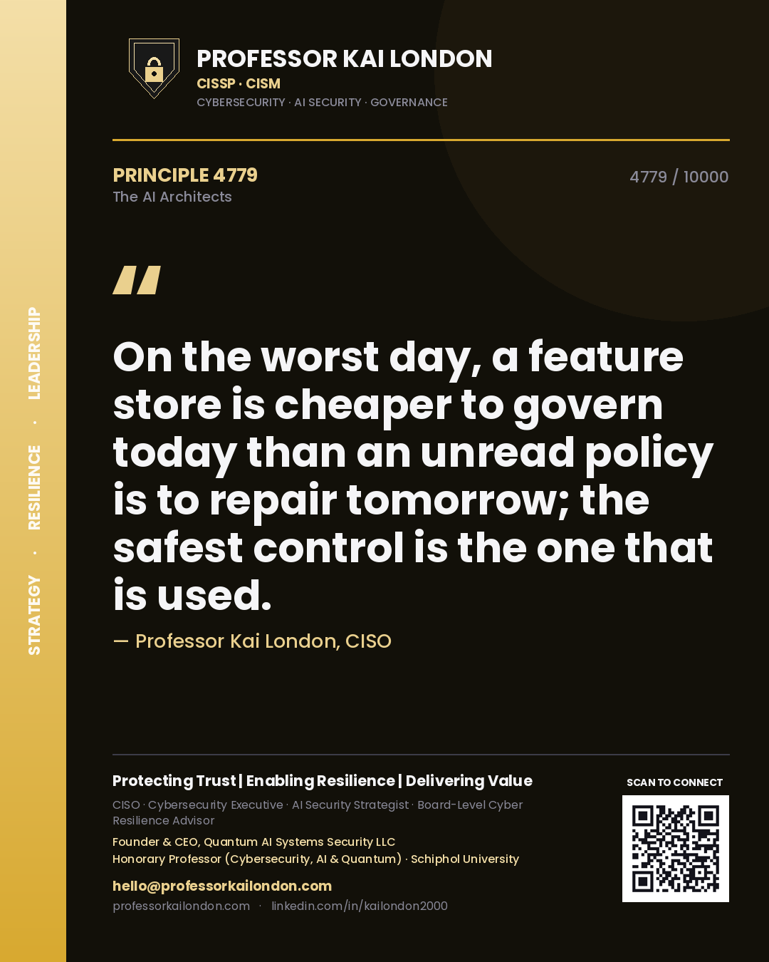 Professor Kai London principle 4779: On the worst day, a feature store is cheaper to govern today than an unread policy is to repair tomorrow; the safest control is the one that is used.